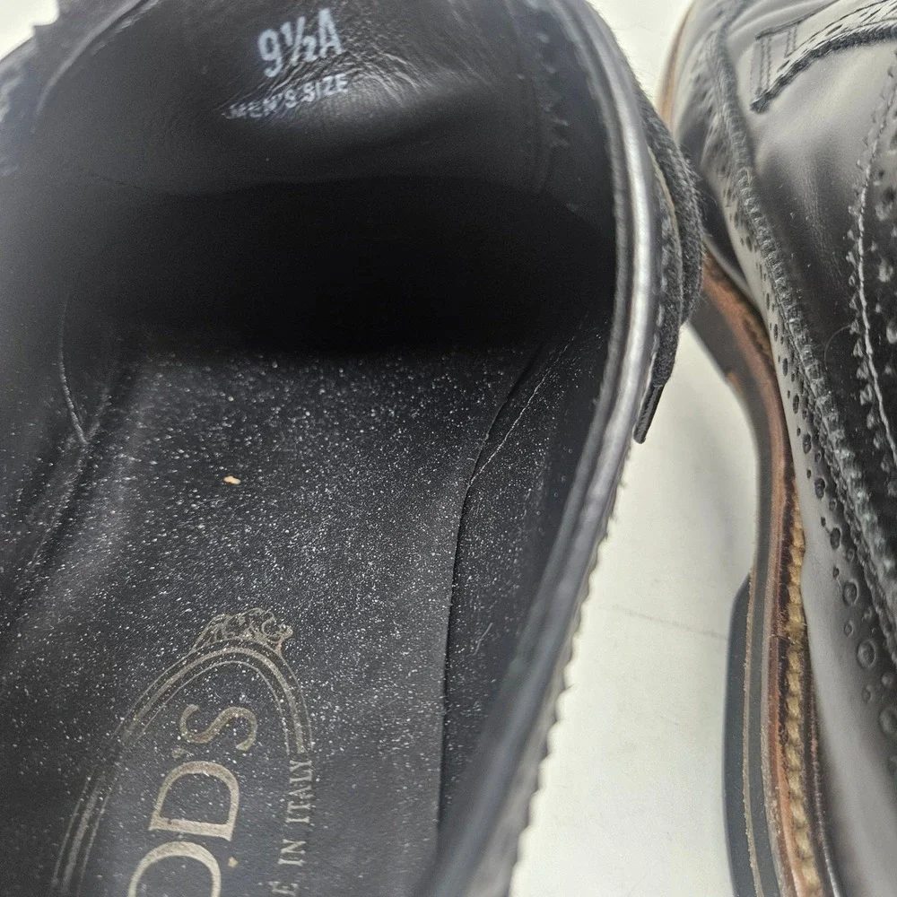 Tods Mens Black Leather Wingtip Brogue Derby Shoes Made in Italy Size 9.5 A